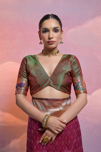 Thumbnail for Vishnu Weaves Women's Wine Paithani Silk Zari Woven Saree with Blouse - Distacart
