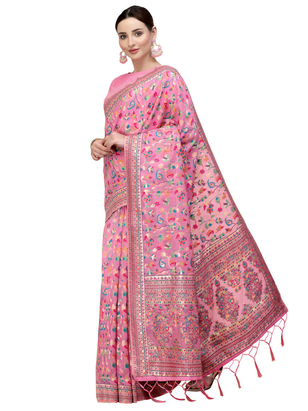Pink Silk Blend Woven Design Saree With Unstitched Blouse Piece - Aloki - Distacart