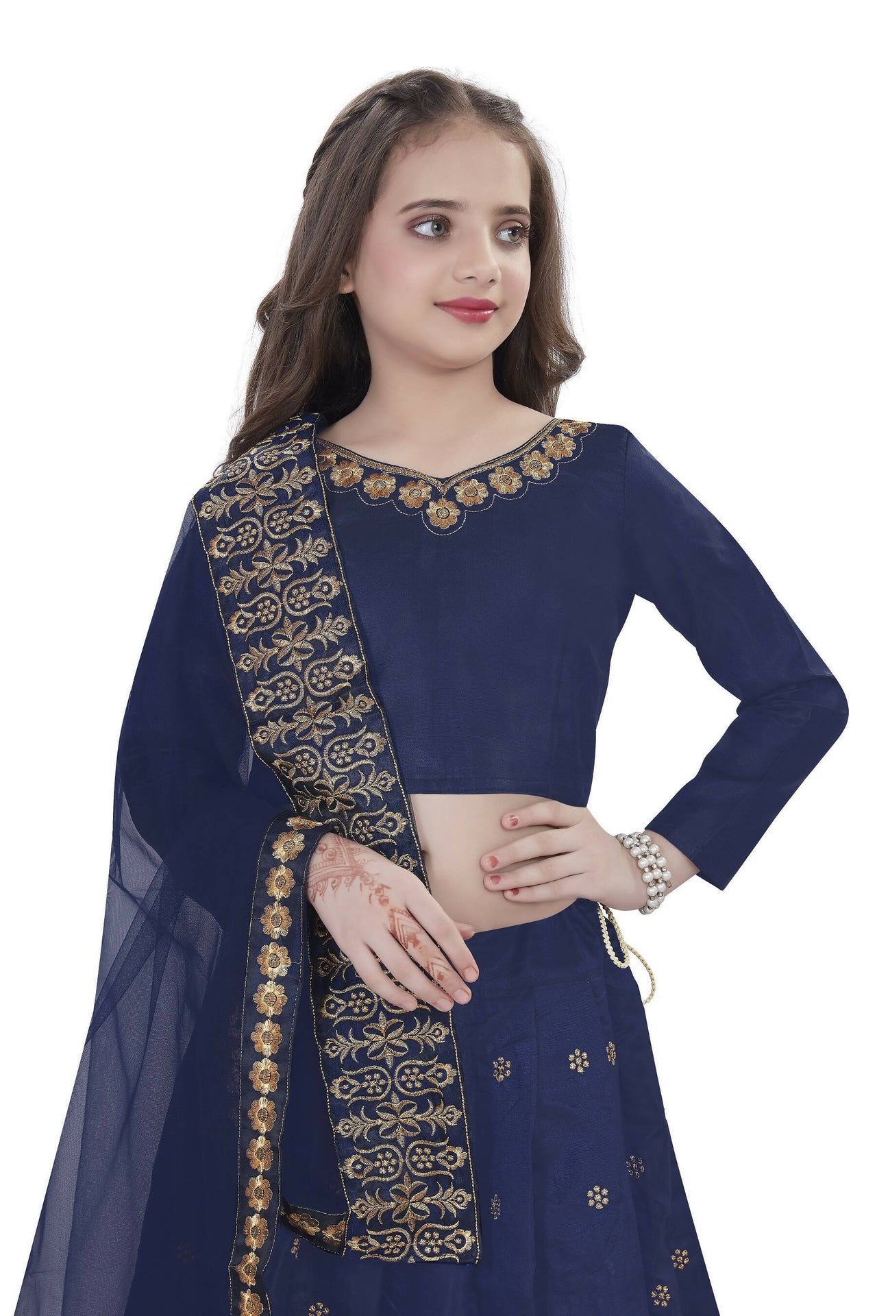 Dwiden Navy Blue Queen Tafetta Sattin Semi-Stitched Girl's Lehenga Choli - Distacart