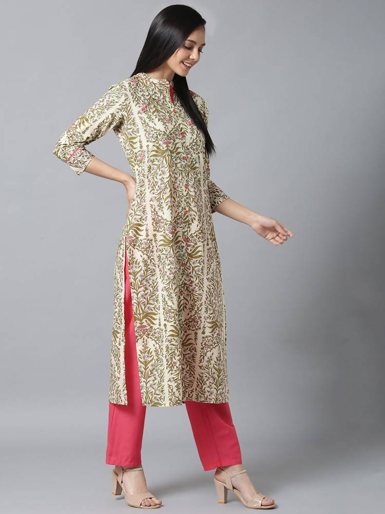 Yufta Women Cream & Pink Printed Kurta with Trouser