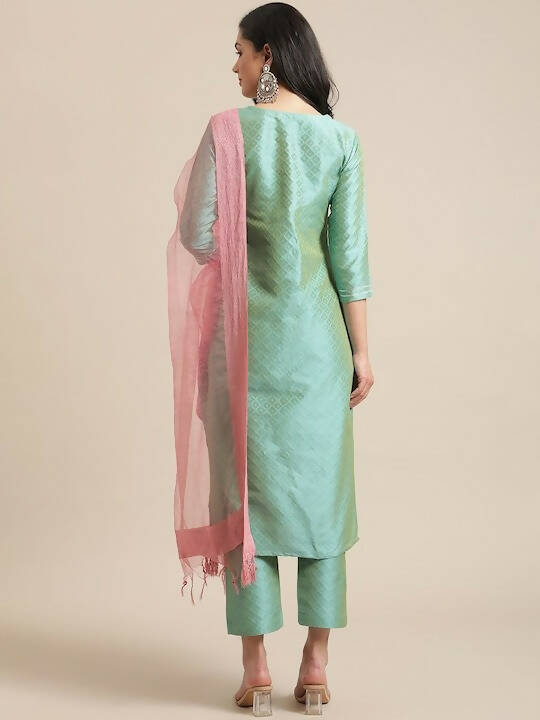 Varanga Women Sea Green Woven Design Kurta with Trousers & With Dupatta - Distacart