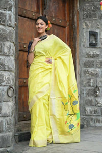 Thumbnail for Very Much Indian Handloom Pure Cotton Fresh Yellow Paithani - Distacart