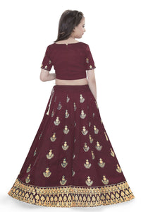 Thumbnail for Dwiden Maroon Kamal Tafetta Sattin Semi-Stitched Girl's Lehenga Choli - Distacart
