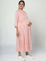 Thumbnail for Manet Three Fourth Maternity Dress Strip Print With Concealed Zipper Nursing Access - Pink - Distacart