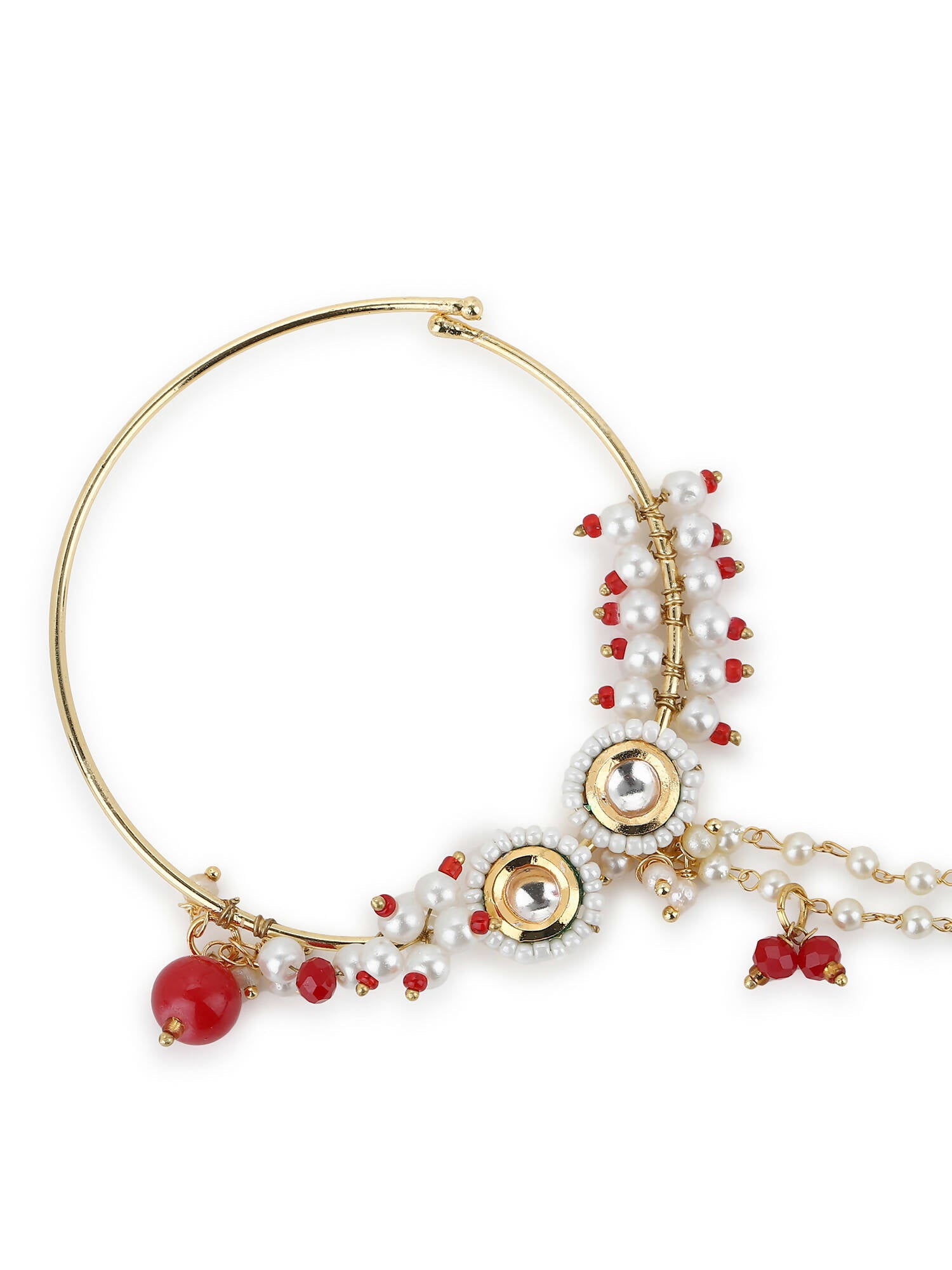 Gold-Plated White Red Kundan Studded Beaded Chained Nose Ring - Ruby Raang - Distacart