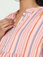 Thumbnail for Manet Three Fourth Maternity Dress Strip Print With Concealed Zipper Nursing Access - Pink - Distacart