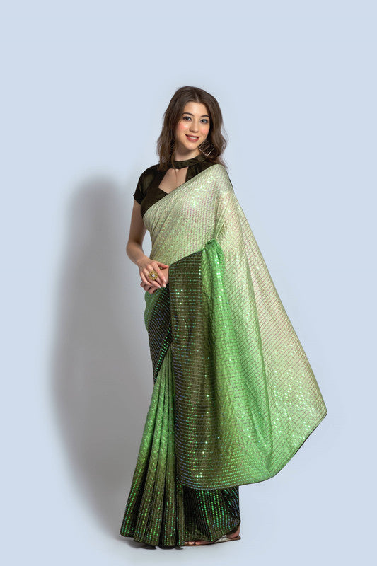 Malishka Women's Bollywood Style Vichitra Silk Sequence Embroidery Work Saree With Blouse Piece - Mahendi - Distacart
