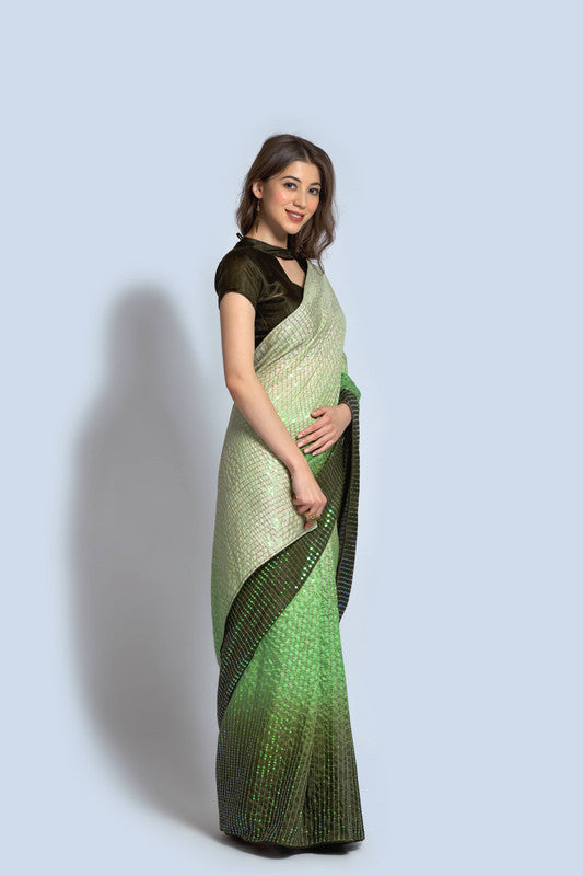 Malishka Women's Bollywood Style Vichitra Silk Sequence Embroidery Work Saree With Blouse Piece - Mahendi - Distacart