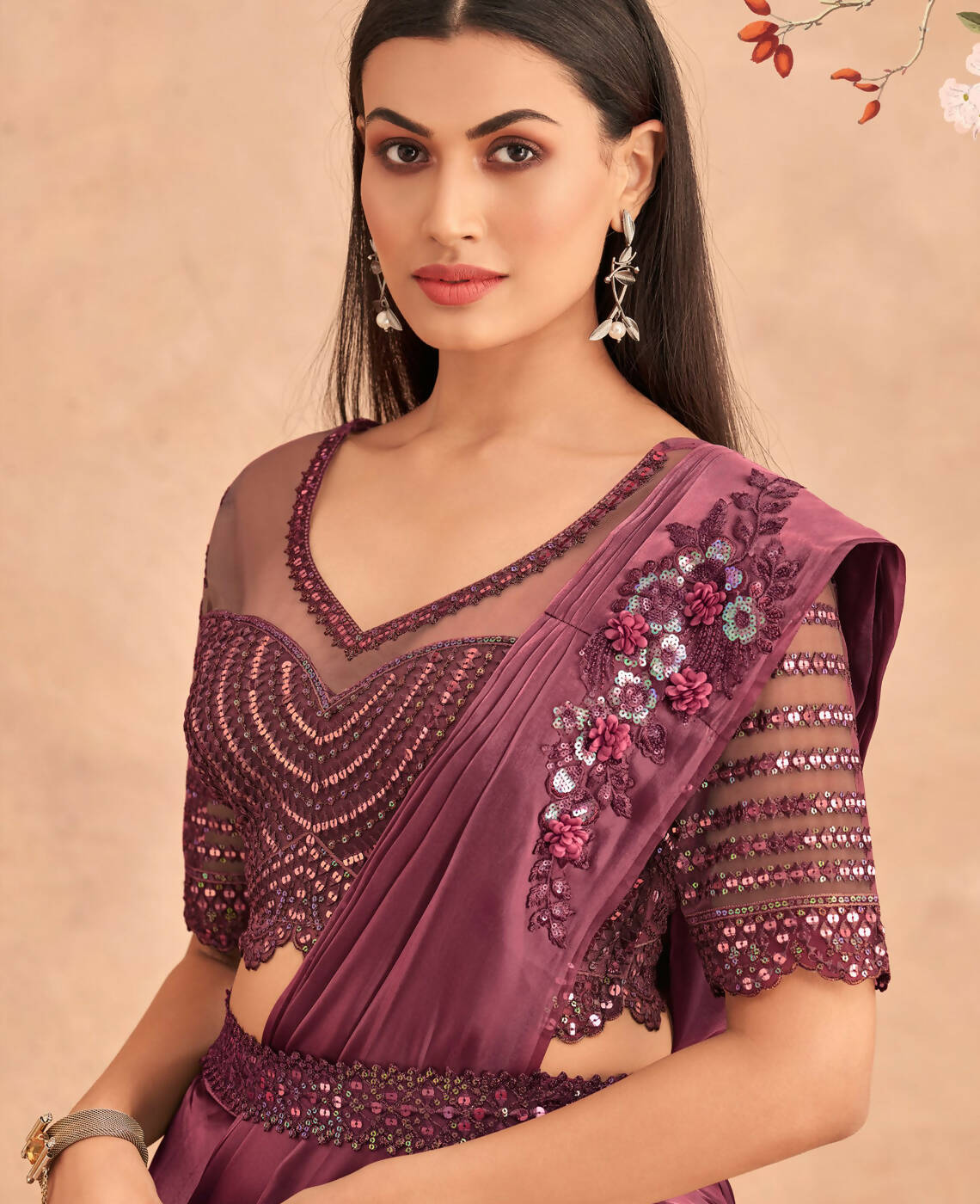 Wine Satin Embroidered Ready To Wear Saree With Unstitched Blouse Piece - Nandika - Distacart