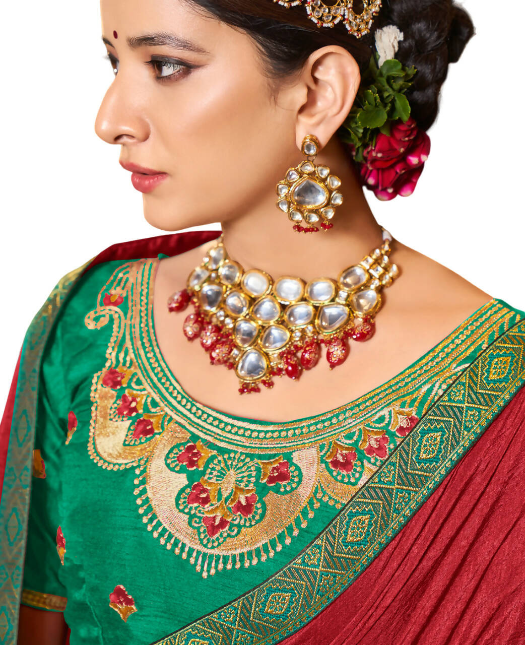 Red Solid Vichitra Saree With Unstitched Blouse Piece - Selena - Distacart