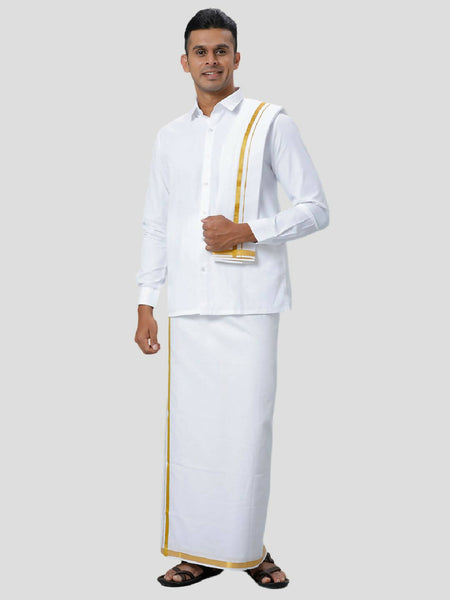 Ramraj Cotton Mens 1/4 " Poly Cotton Gold Jari Dhoti And Towel Set - White - Distacart