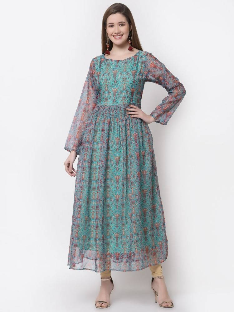 Myshka Blue Color Organza Printed Dress