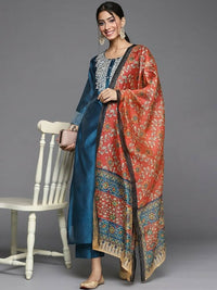 Thumbnail for Varanga Women Teal Blue & Silver Zari Yoke Straight Kurta with Trousers & With Dupatta - Distacart