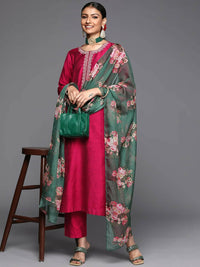 Thumbnail for Varanga Women Maroon Ethnic Motifs Embroidered Kurta With Trousers & Dupatta - Distacart
