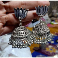 Thumbnail for Lotus Design Traditional Tribal Oxidized Silver Jhumka Earrings