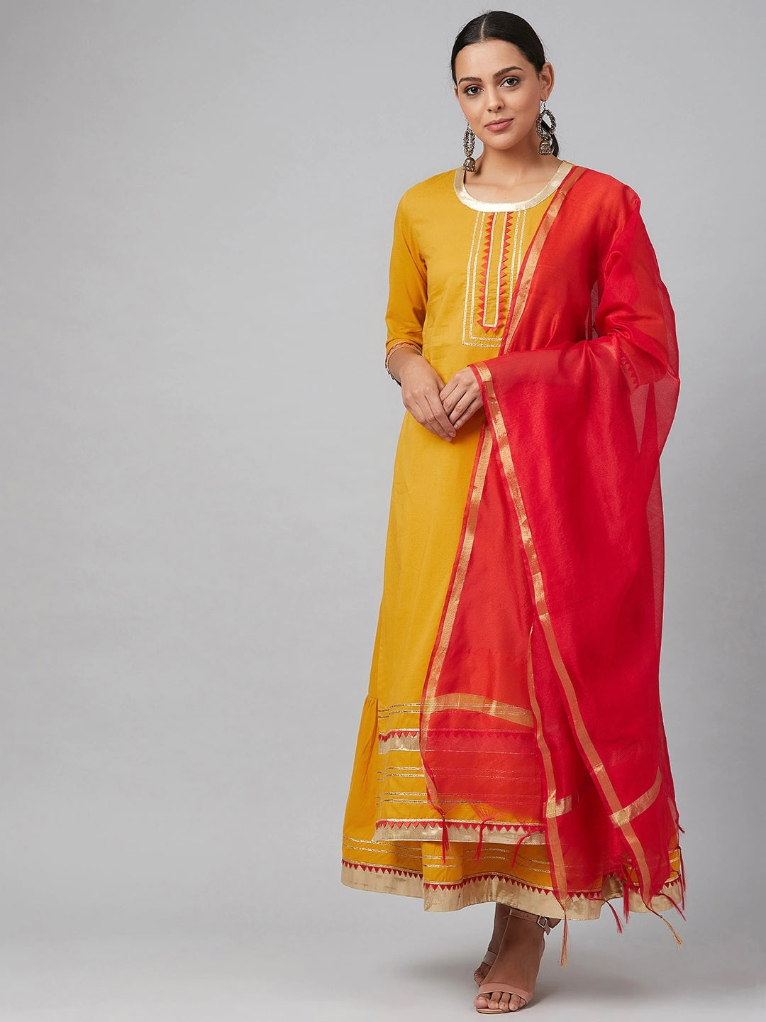 NOZ2TOZ Mustard & Red Solid Kurta With Skirt & Dupatta - Distacart