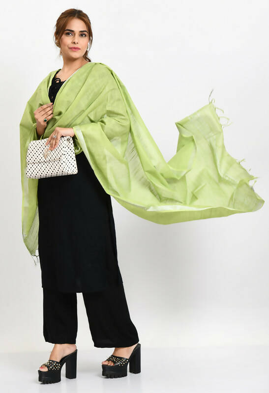 Mominos Fashion Moeza Women's Linen Cotton Silver Border Parrot Green Dupatta - Distacart