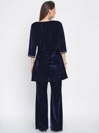 Thumbnail for Women Republic Navy Blue Velvet Embroidered Kurta With Bellbottom Pants - Distacart