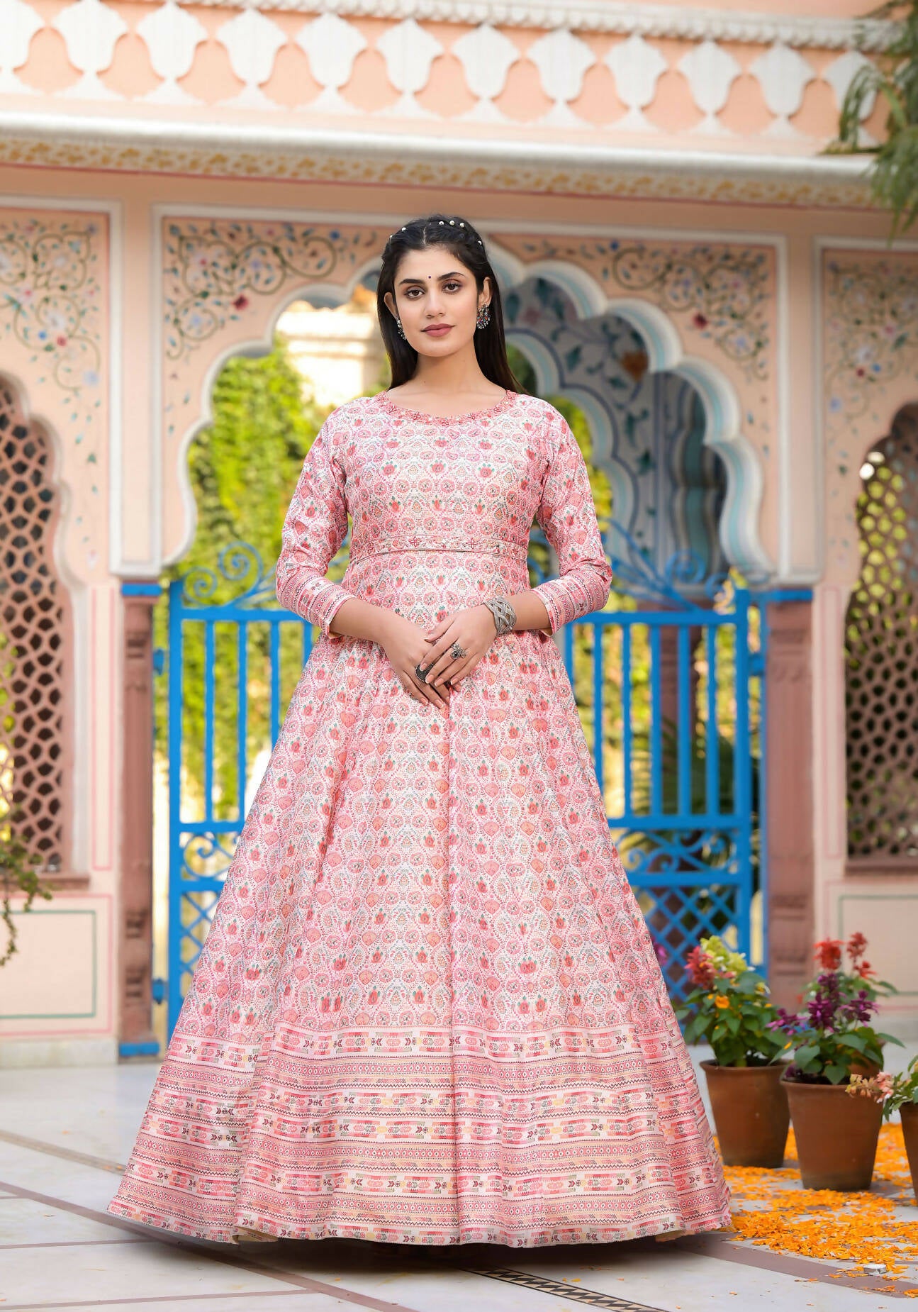 Functional Designer Off White-Light Pink Dola Silk Anarkali suit with Dupatta - Ramya - Distacart