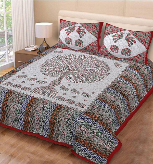 Vamika Printed Cotton Red Tree Stripe Bedsheet With Pillow Covers
