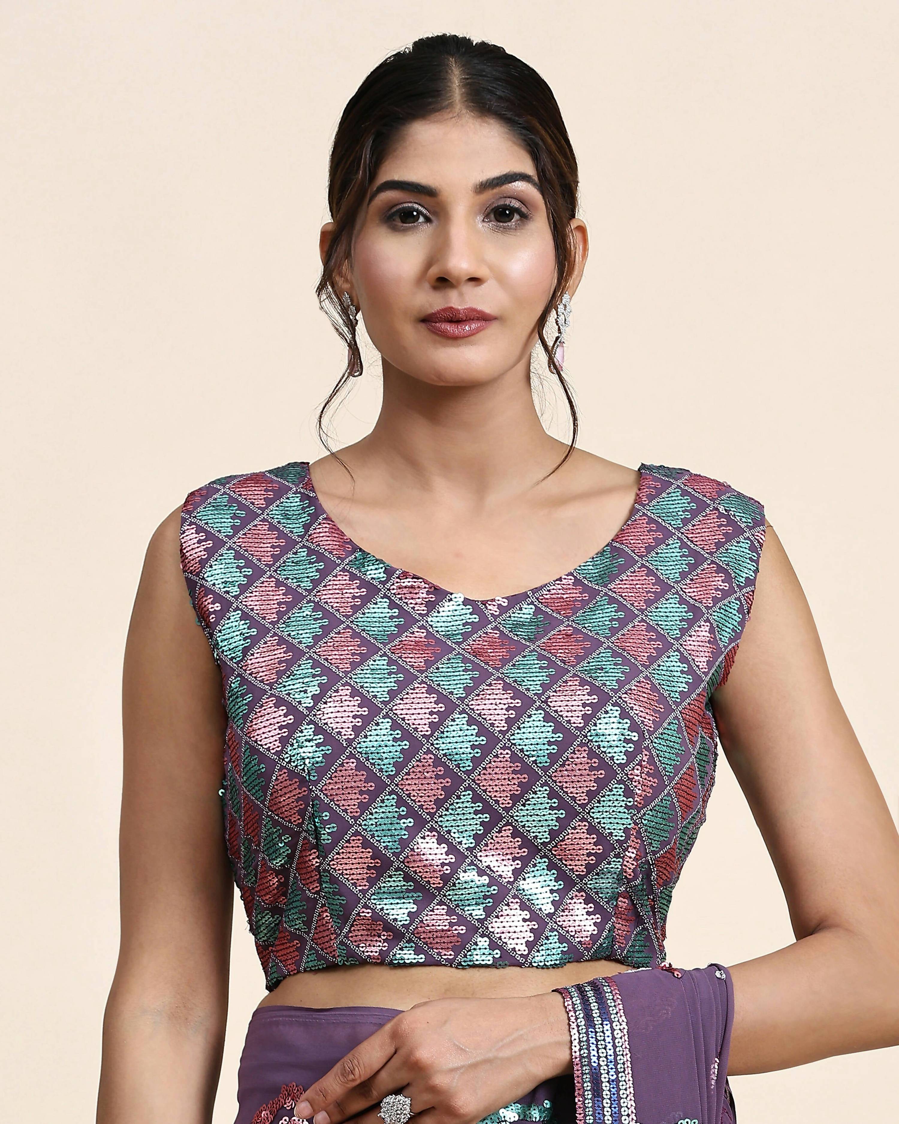 Purple Pure Georgette Sequence work Ready to wear Saree with stitched Blouse - Nirvana - Distacart