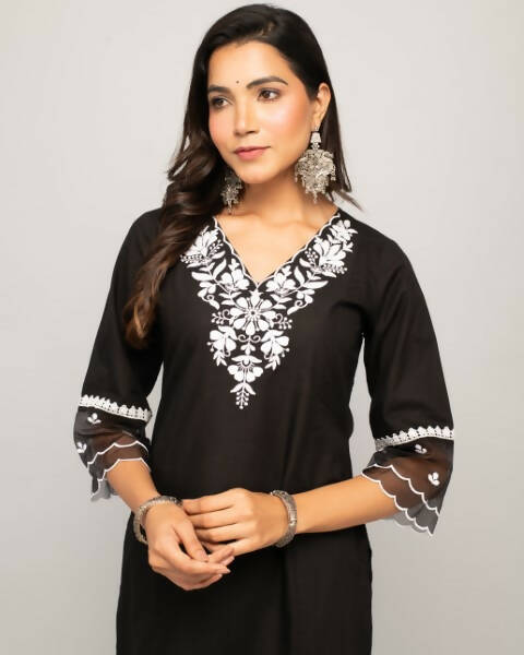 FIORRA Women's Black Cotton Straight Kurta Palazzo Set - Distacart