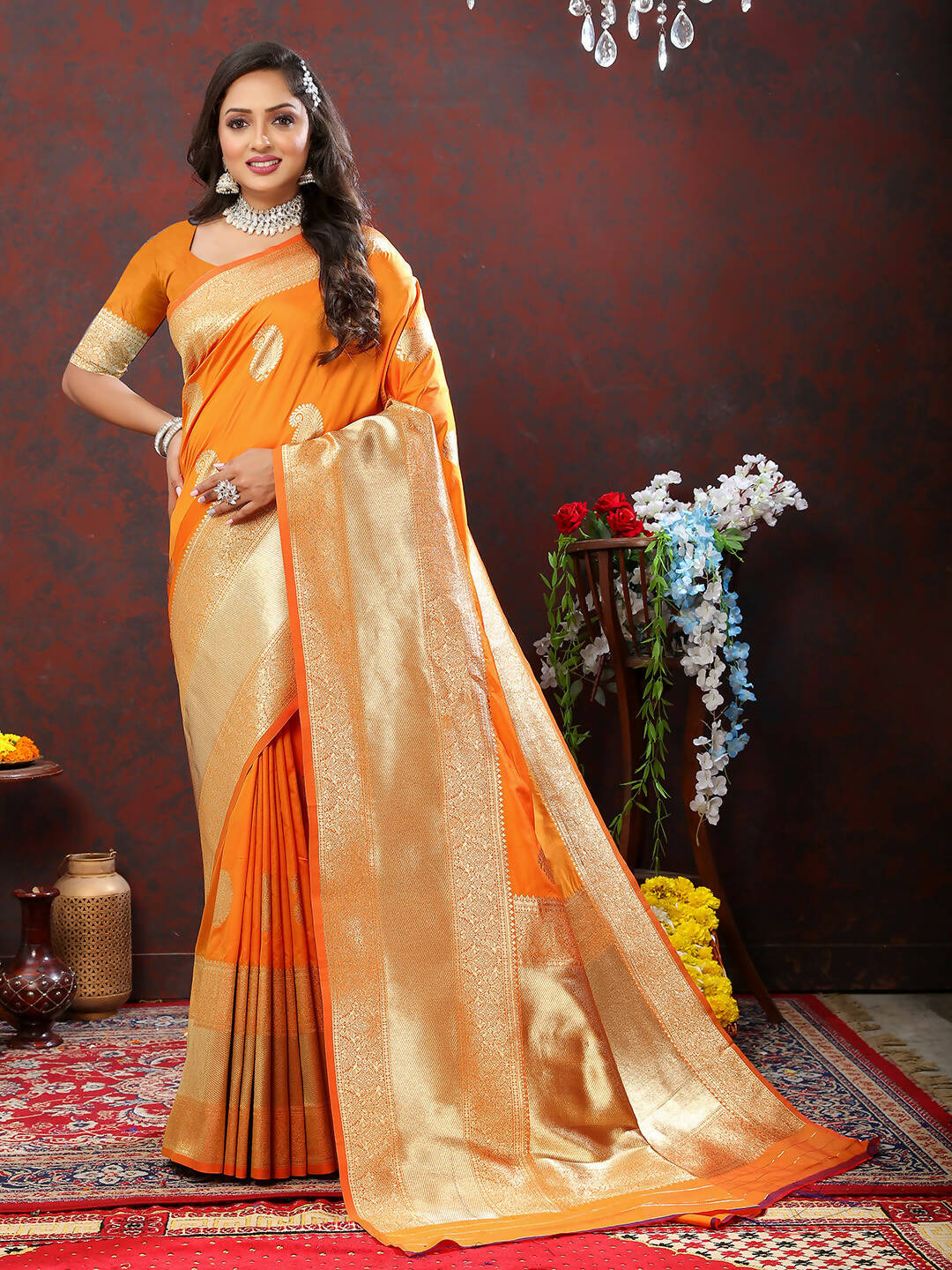 Lorenvalley Fashion Orange Soft Silk Woven Design Gold Zari Weaving Saree - Distacart
