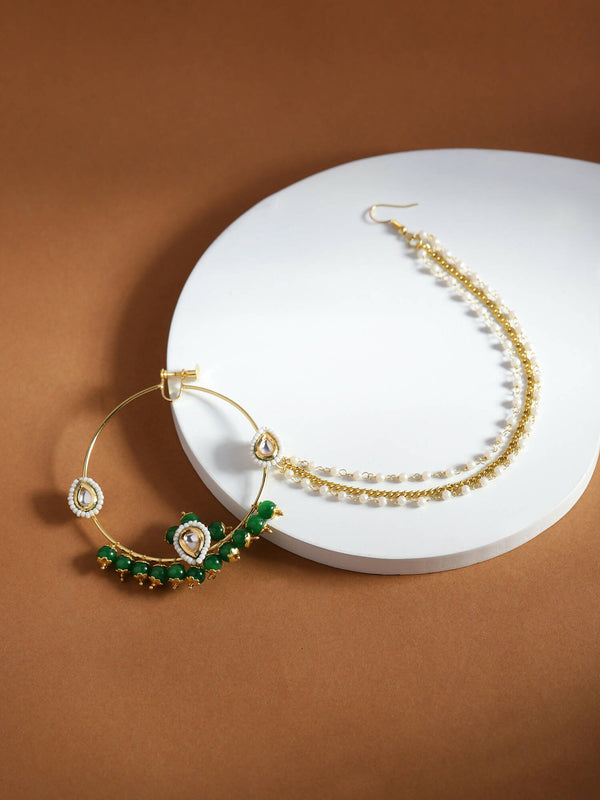Gold-Plated White Green Kundan-Studded Pearl Beaded Nosepin - Ruby Raang - Distacart