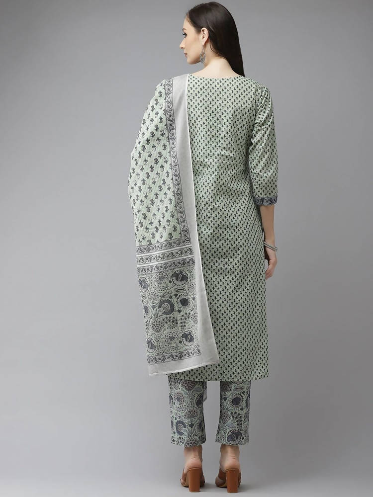 Yufta Green and off-white yoke design Kurta with Palazzo with Dupatta Set