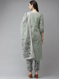 Thumbnail for Yufta Green and off-white yoke design Kurta with Palazzo with Dupatta Set