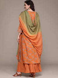 Thumbnail for Ritu Kumar Women Rust Orange Pure Cotton Paisley Printed Kurta with Sharara & Dupatta - Distacart