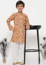 Thumbnail for Little Bansi Cotton Block Floral Kurta with Pearl Buttons & Pyjama in Orange & Cream - Distacart