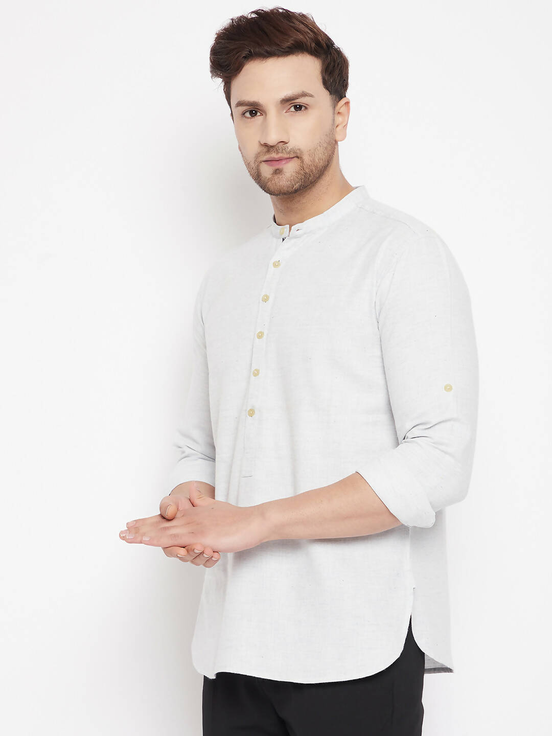 Even Apparels Cream Acrylic Short Men's Kurta With Band Collar - Distacart