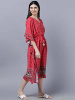 Thumbnail for Myshka Women's Red White Ethnic Motifs Printed Kaftan Midi Dress - Distacart