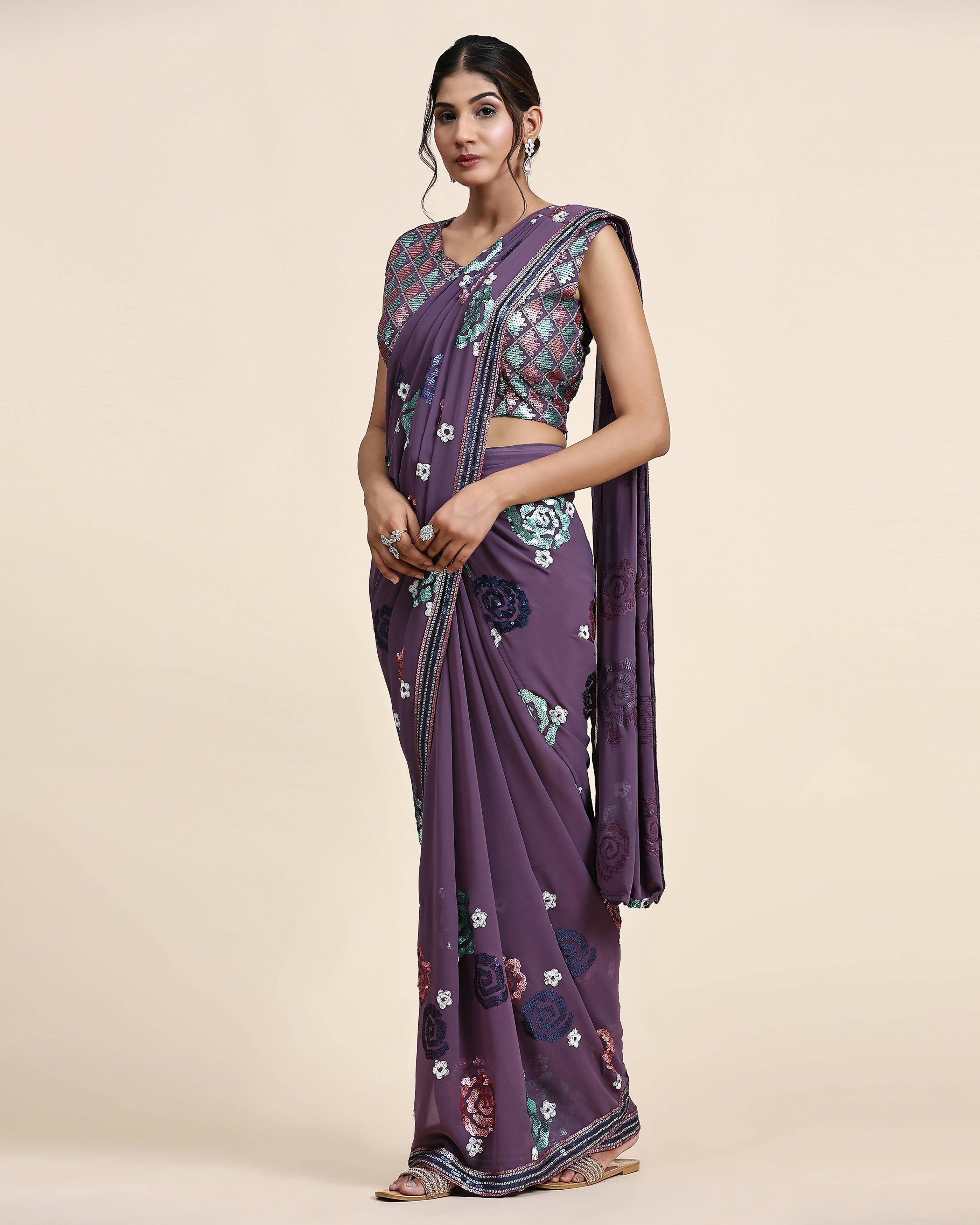 Purple Pure Georgette Sequence work Ready to wear Saree with stitched Blouse - Nirvana - Distacart