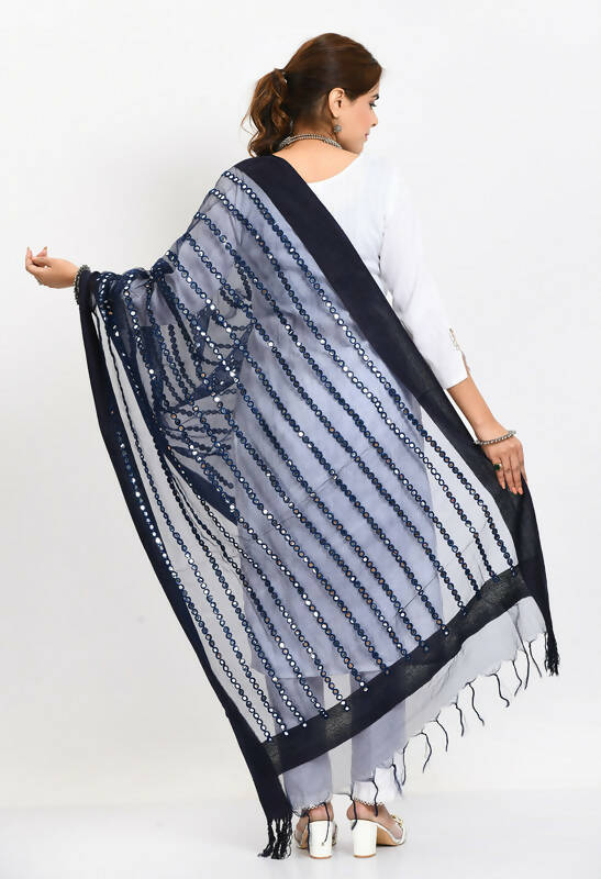 Mominos Fashion Moeza Women's Orgenza Mirror Stripe Thread Work Navy Blue Dupatta - Distacart