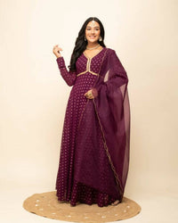 Thumbnail for FIORRA Women's Wine Georgette Anarkali Kurta With Dupatta - Distacart