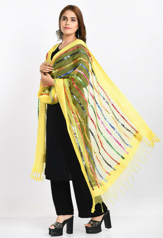 Mominos Fashion Moeza Women's Orgenza Multi Thread Mirror Work Lemon Yellow Dupatta - Distacart