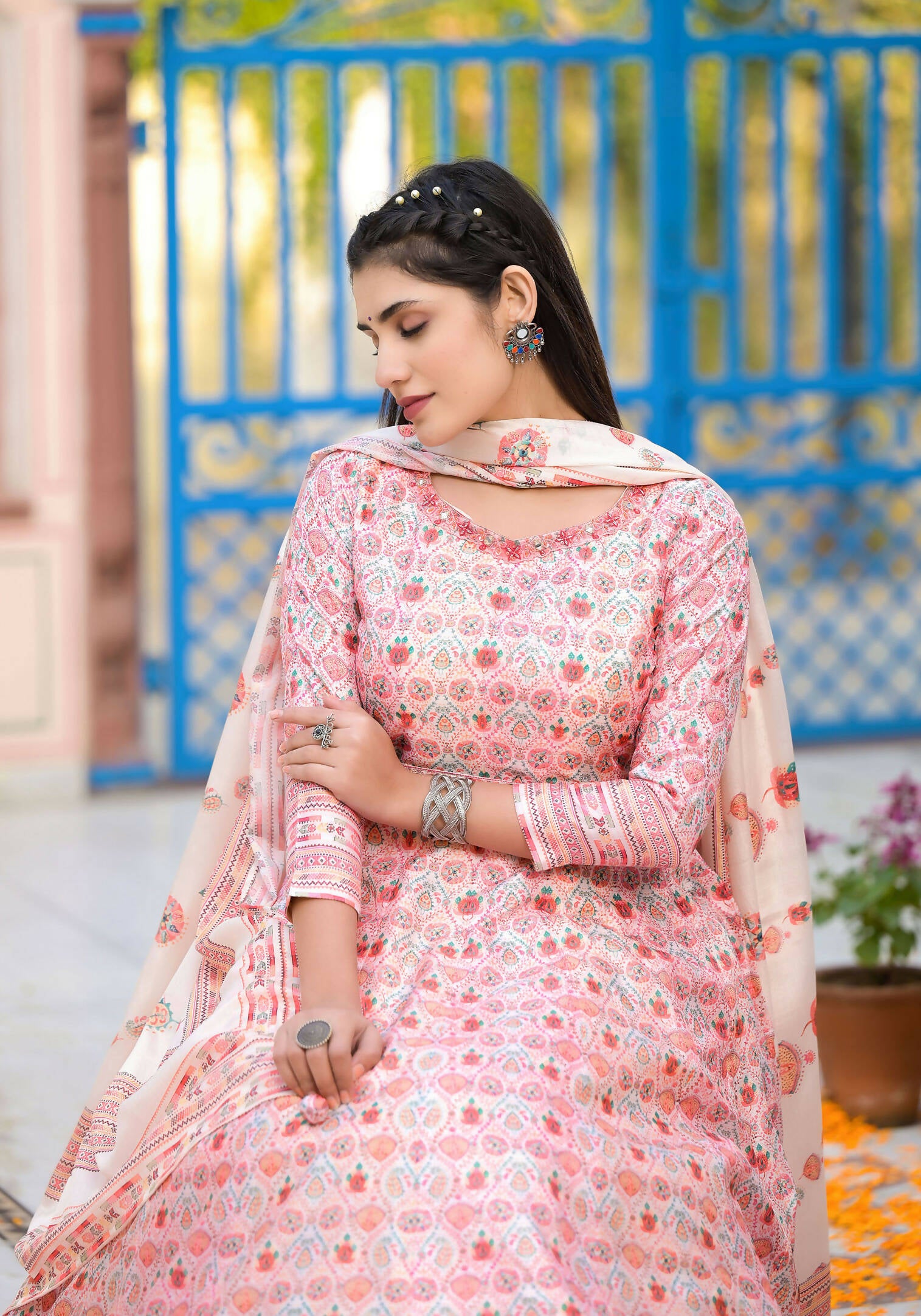 Functional Designer Off White-Light Pink Dola Silk Anarkali suit with Dupatta - Ramya - Distacart