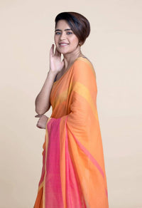Thumbnail for Suta Orange Pink Striped Mul Saree - Distacart