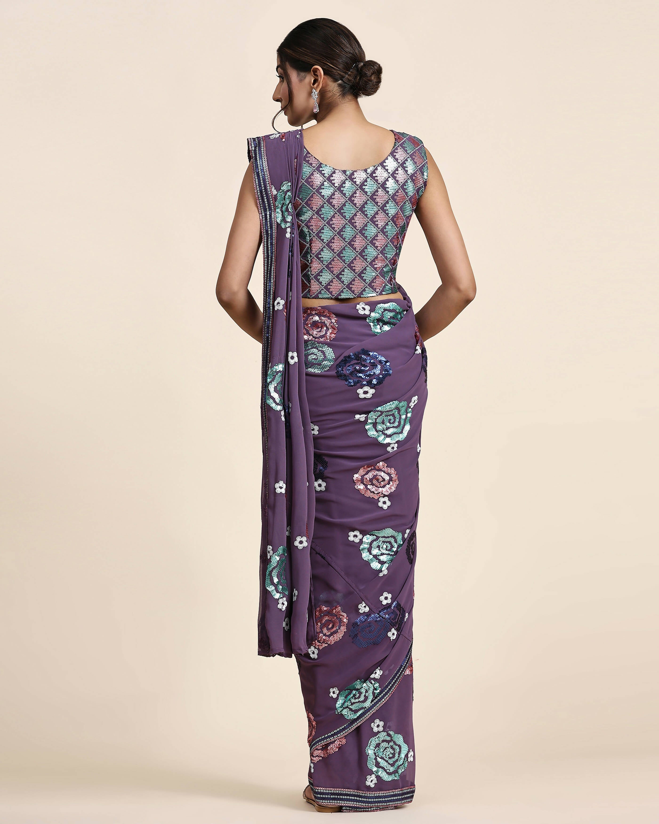 Purple Pure Georgette Sequence work Ready to wear Saree with stitched Blouse - Nirvana - Distacart