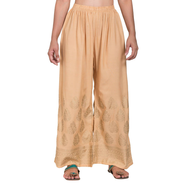 PAVONINE Beige Color Golden Printed Rayon Fabric Sharara For Women & Girls - Distacart