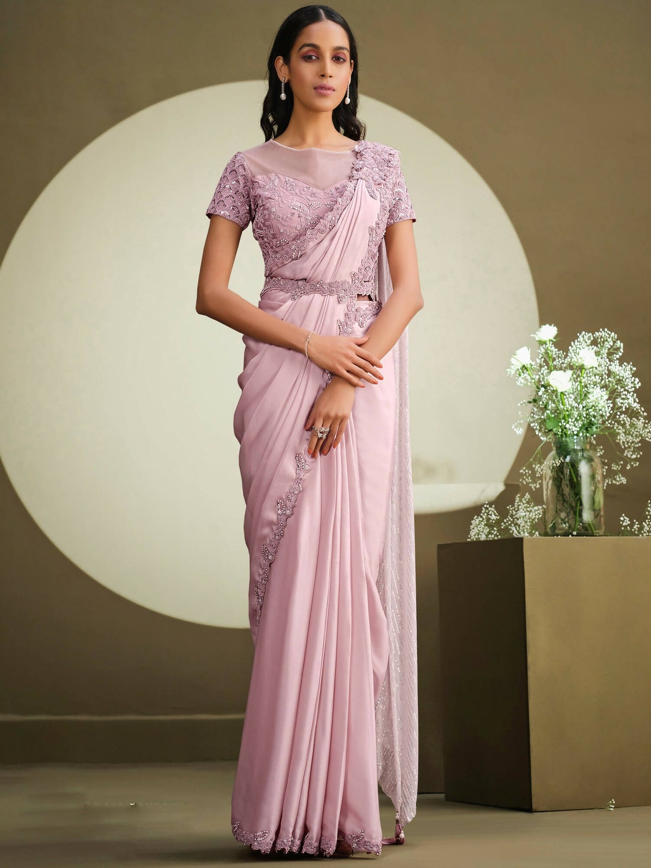 Pink Crepe Georgette Silk Sequence Embroidered With Stone Work Saree With Stitched Blouse - Mohmanthan La Belle - Distacart