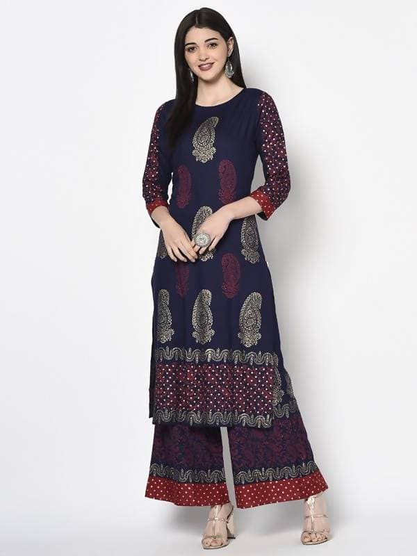 Aniyah Rayon Navy Blue Color Block Print Flared Slip-On Palazzo (AN-178K)