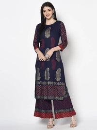 Thumbnail for Aniyah Rayon Navy Blue Color Block Print Flared Slip-On Palazzo (AN-178K)
