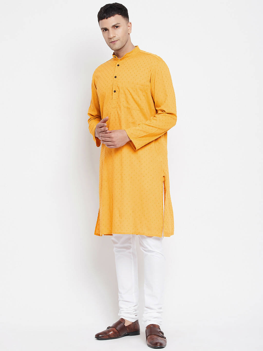 Even Apparels Yellow Color Pure Cotton Men's Kurta With Band Collar - Distacart