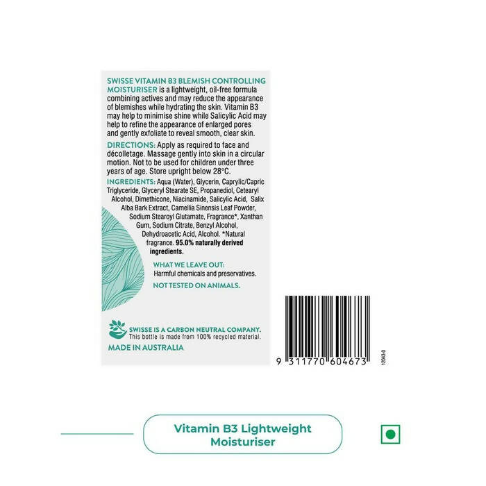 Swisse Skincare Vit B3 Blemish Moisturiser With Green Tea & Willow Bark Extract - Distacart