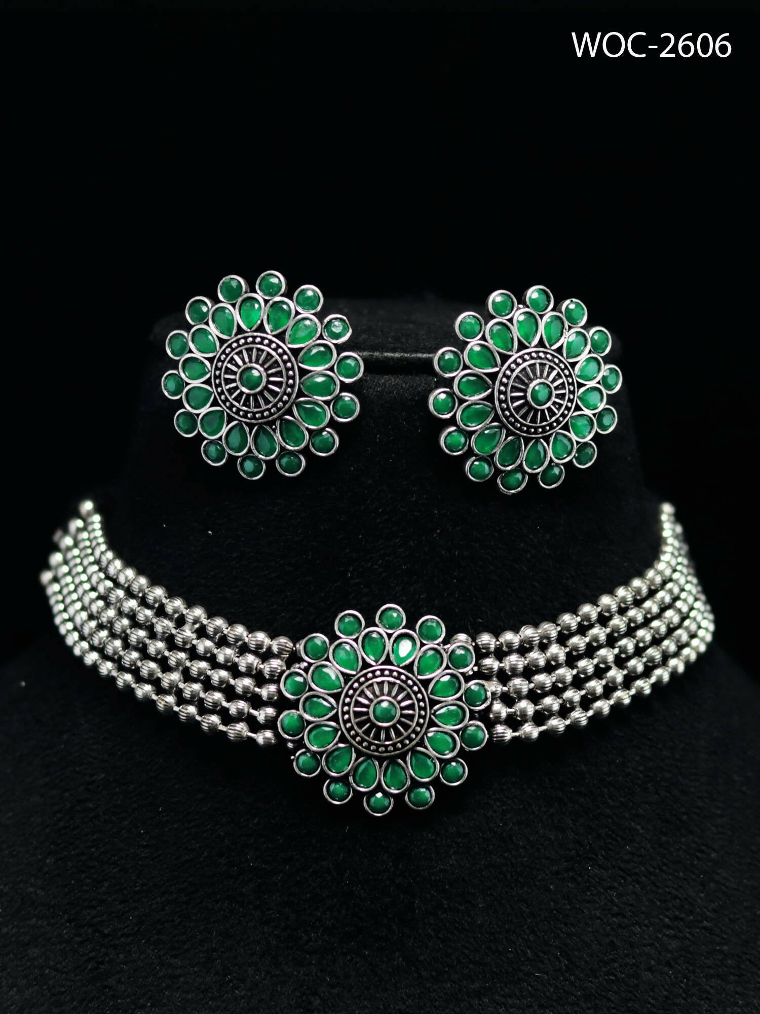 Mominos Fashion Johar Kamal Oxidised Silver-Plated Brass Finish Kundan Choker For Women (Green) - Distacart