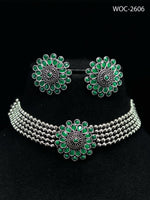 Thumbnail for Mominos Fashion Johar Kamal Oxidised Silver-Plated Brass Finish Kundan Choker For Women (Green) - Distacart
