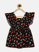 Thumbnail for Manet Girls Cotton V Neck Frill Frock Watermelon Printed - Black - Distacart